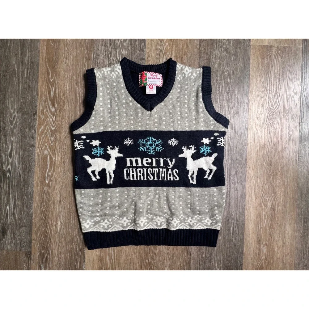 Merry Christmas Sweater Vest Mens Medium Blue‎ Reindeer Snowflake V-Neck Knit
